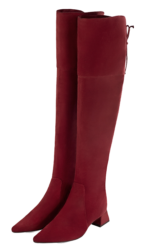Burgundy red women's leather thigh-high boots. Pointed toe. Low flare heels. Made to measure. Front view - Florence KOOIJMAN
